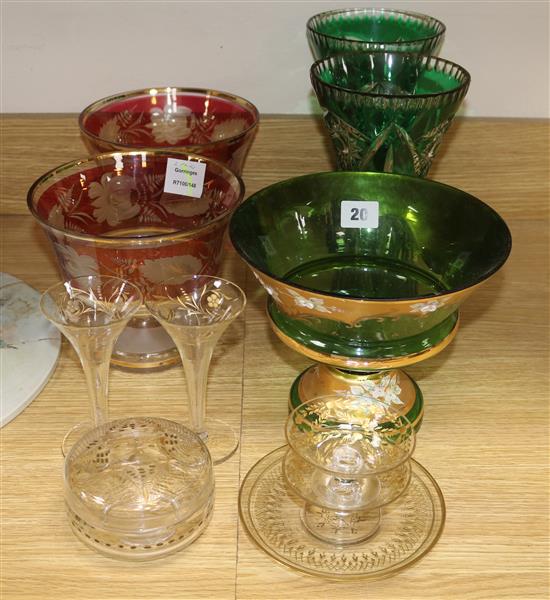 A pair of green overlay cut glass vases and a pair of etched cranberry and frosted glass bowls tallest 25cm (4)